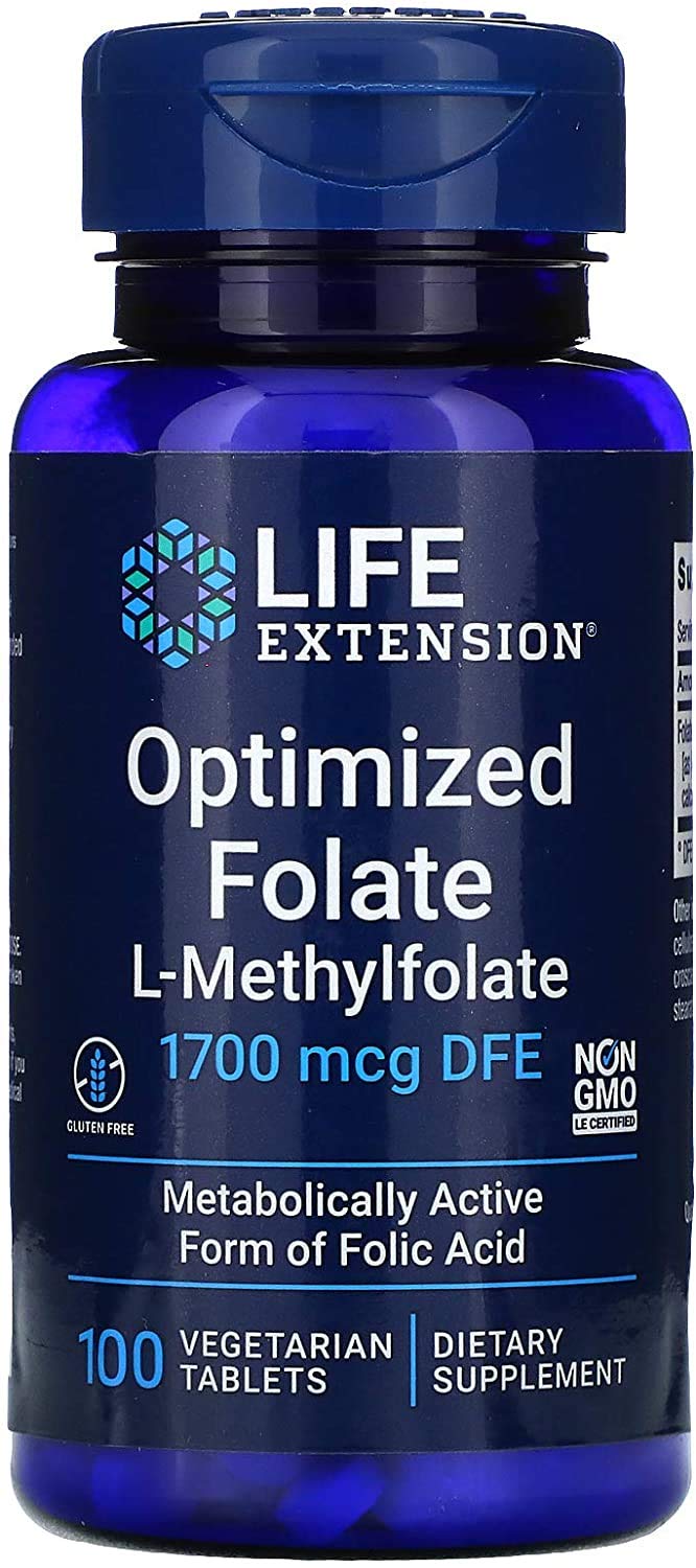 Two Life Extension Optimized Folate L-Methylfolate 1000 mcg Vegetarian Tablets bottles - 2 pack