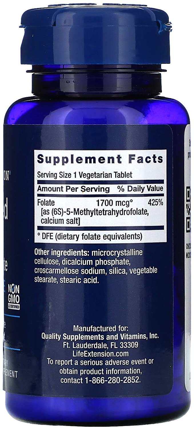 Close-up of Life Extension Optimized Folate L-Methylfolate 1000 mcg bottle label showing 100 vegetarian tablets per bottle