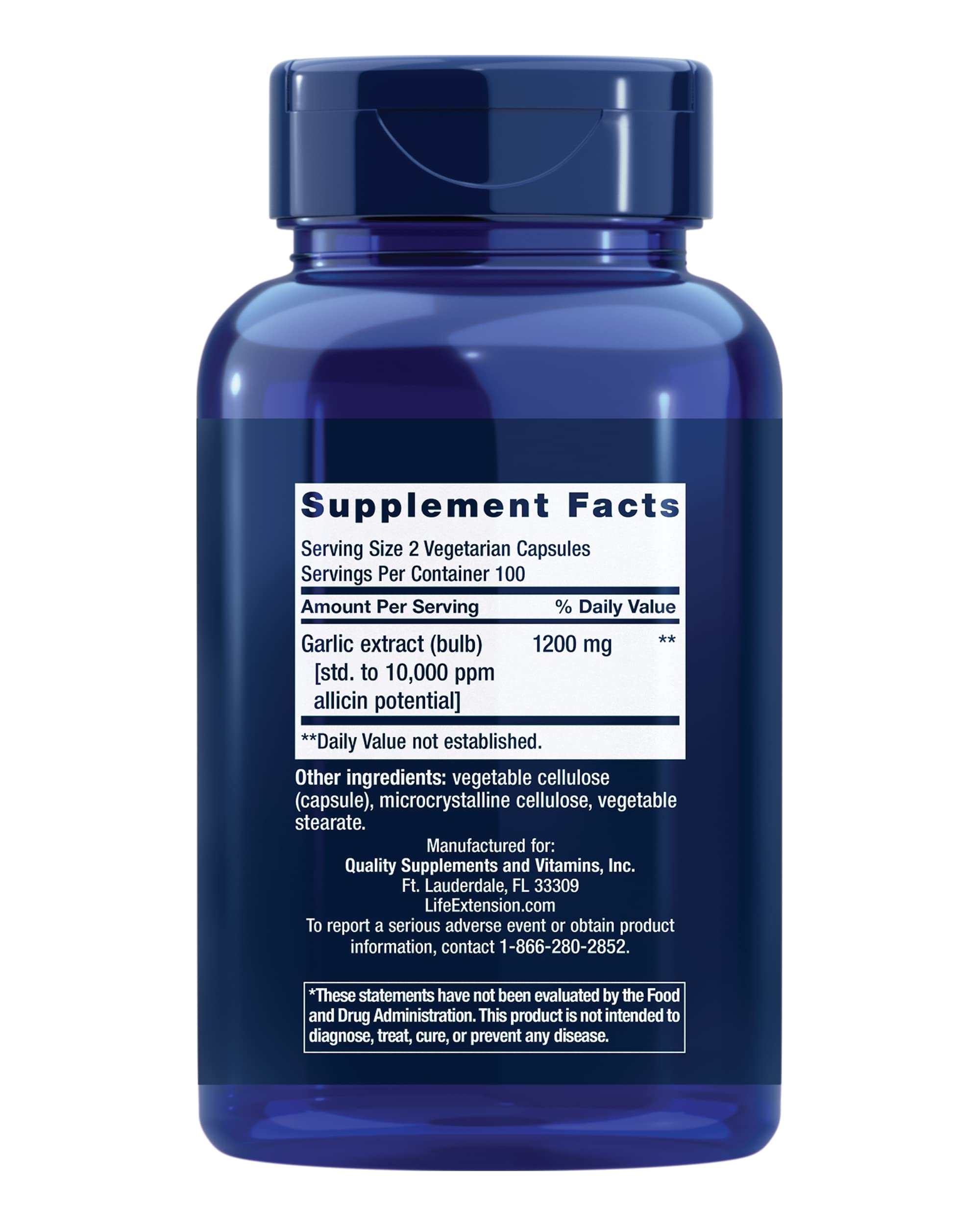 Back label with supplement facts for Life Extension Optimized Garlic