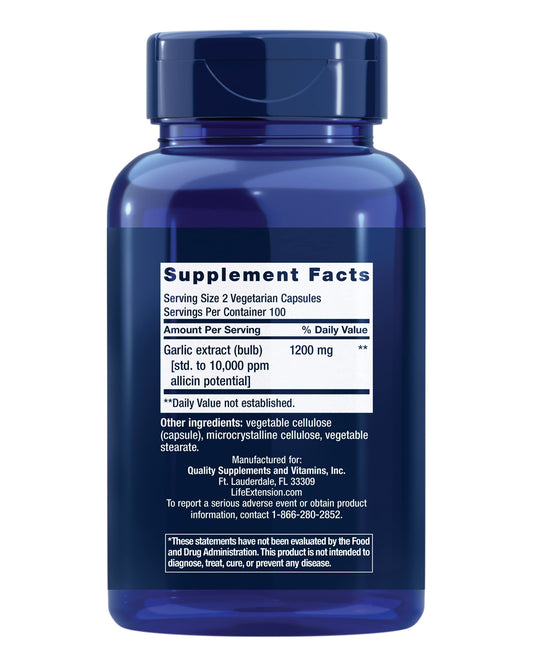 Back label with supplement facts for Life Extension Optimized Garlic