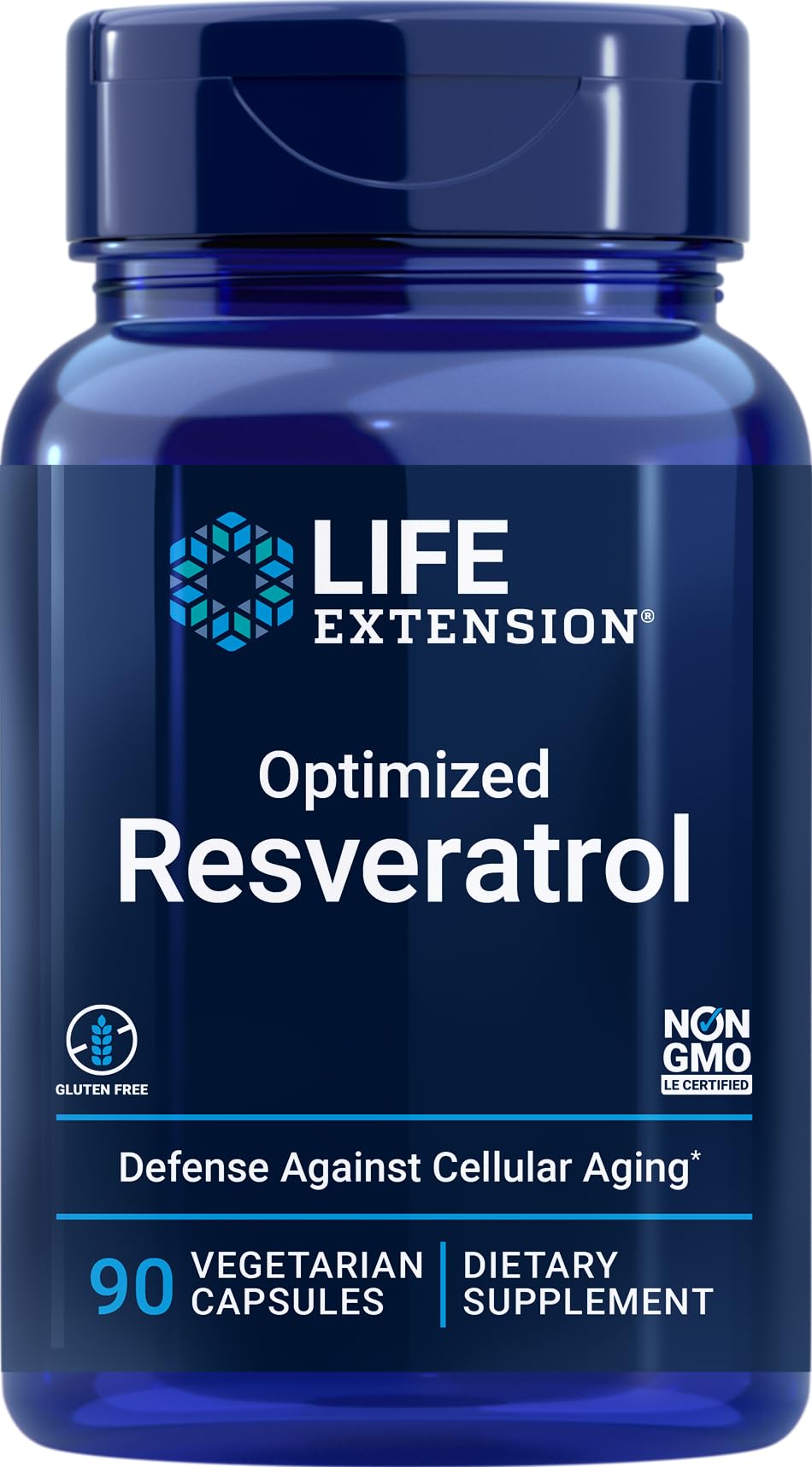 Life Extension Optimized Resveratrol bottle front view highlighting 90-day anti-aging support