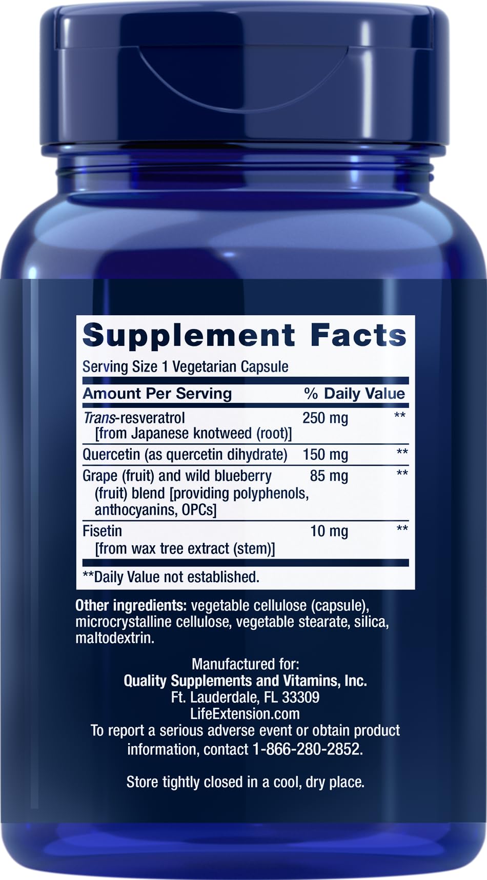 Life Extension Optimized Resveratrol bottle side view showing potency and ingredient blend
