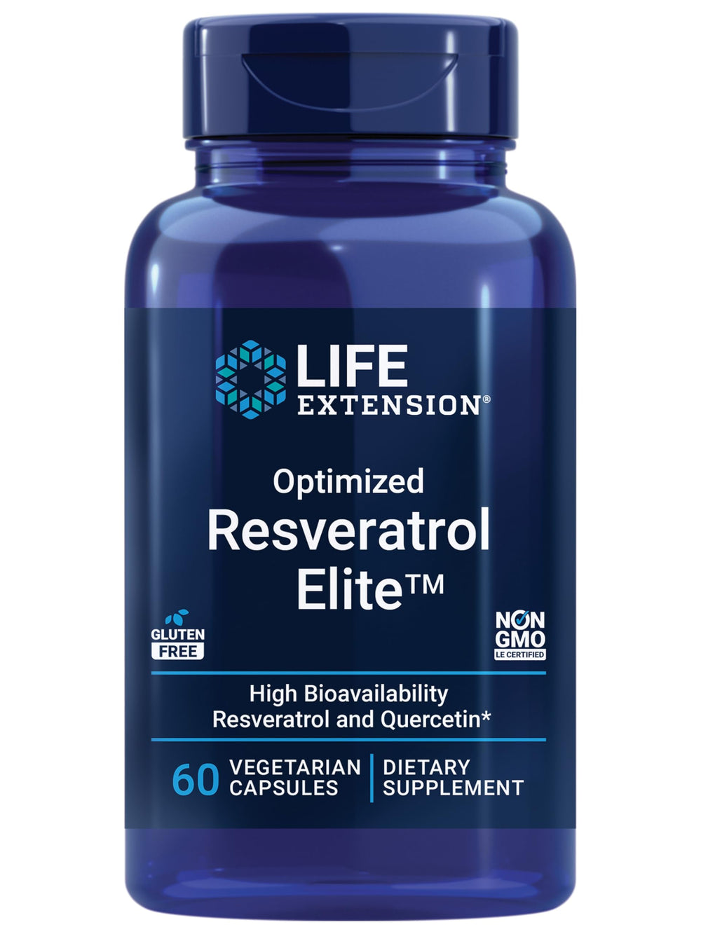 Life Extension Optimized Resveratrol Elite bottle with 60 vegetarian capsules