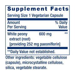 Ingredients panel showing white peony root extract