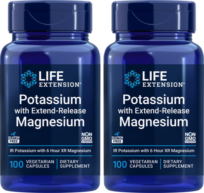 Life Extension dual-action potassium and magnesium supplement bottle, 2-pack, front
