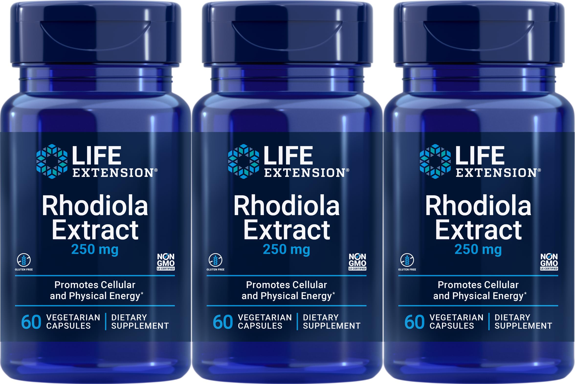 Life Extension Rhodiola Extract bottle with 60 vegetarian capsules (Pack of 3)