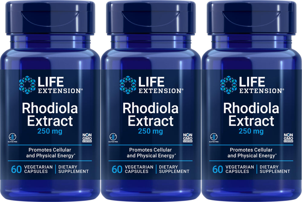 Life Extension Rhodiola Extract bottle with 60 vegetarian capsules (Pack of 3)