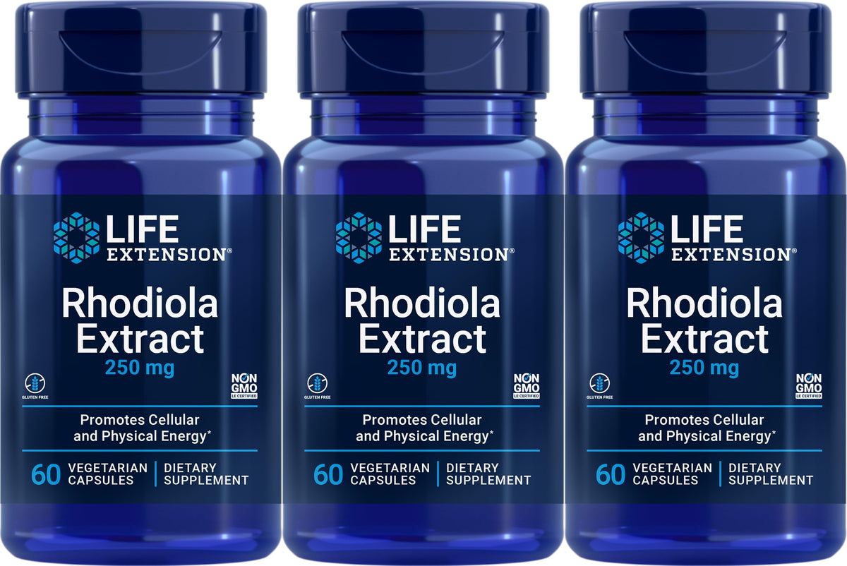 Life Extension Rhodiola Extract bottle with 60 vegetarian capsules (Pack of 3)