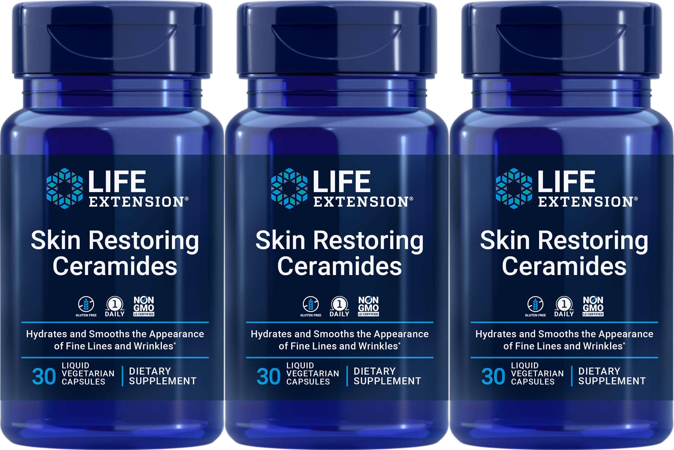 Life Extension Skin Restoring Ceramides pack3 bottles demonstrating hydration-supporting formulation.