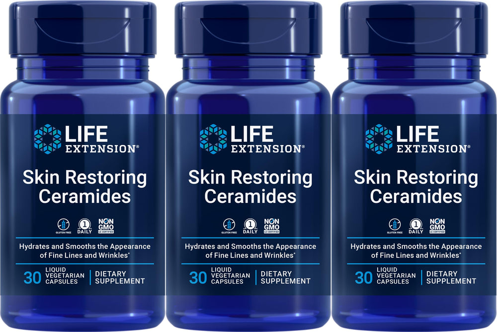 Life Extension Skin Restoring Ceramides pack3 bottles demonstrating hydration-supporting formulation.