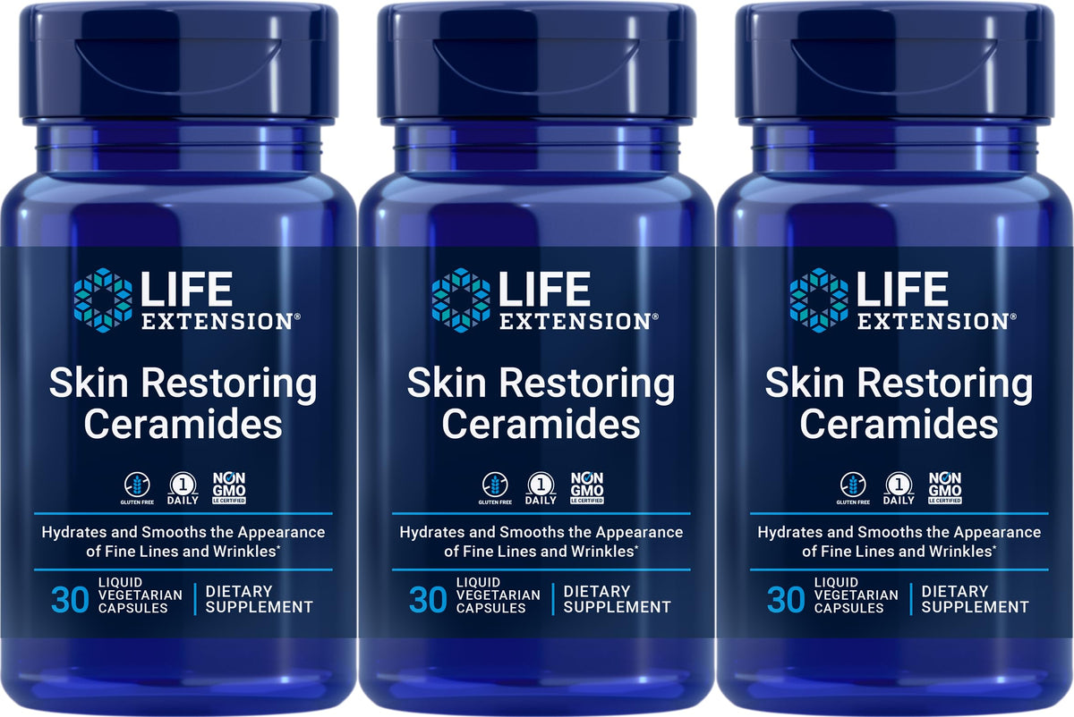 Life Extension Skin Restoring Ceramides pack3 bottles demonstrating hydration-supporting formulation.