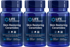 Life Extension Skin Restoring Ceramides pack3 bottles demonstrating hydration-supporting formulation.