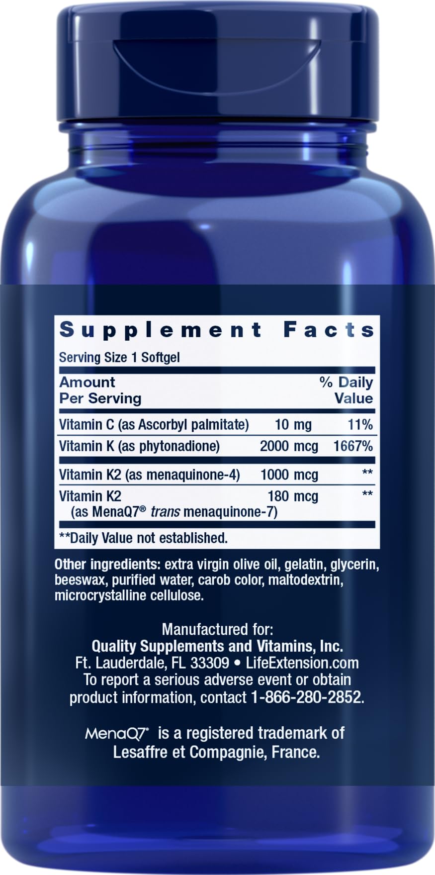 Closeup of Life Extension Super K softgels showing smooth, easy-to-swallow capsules