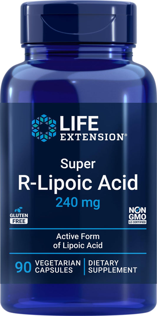 Life Extension Super R-Lipoic Acid 240 mg bottle label with 90 vegetarian capsules