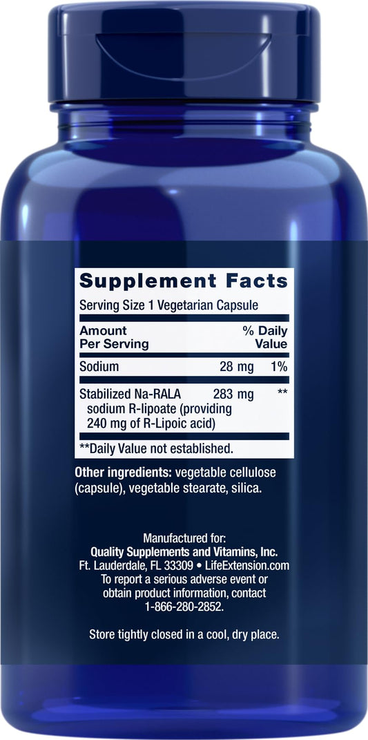 Close-up of Life Extension Super R-Lipoic Acid label showing R-Lipoic Acid 240 mg