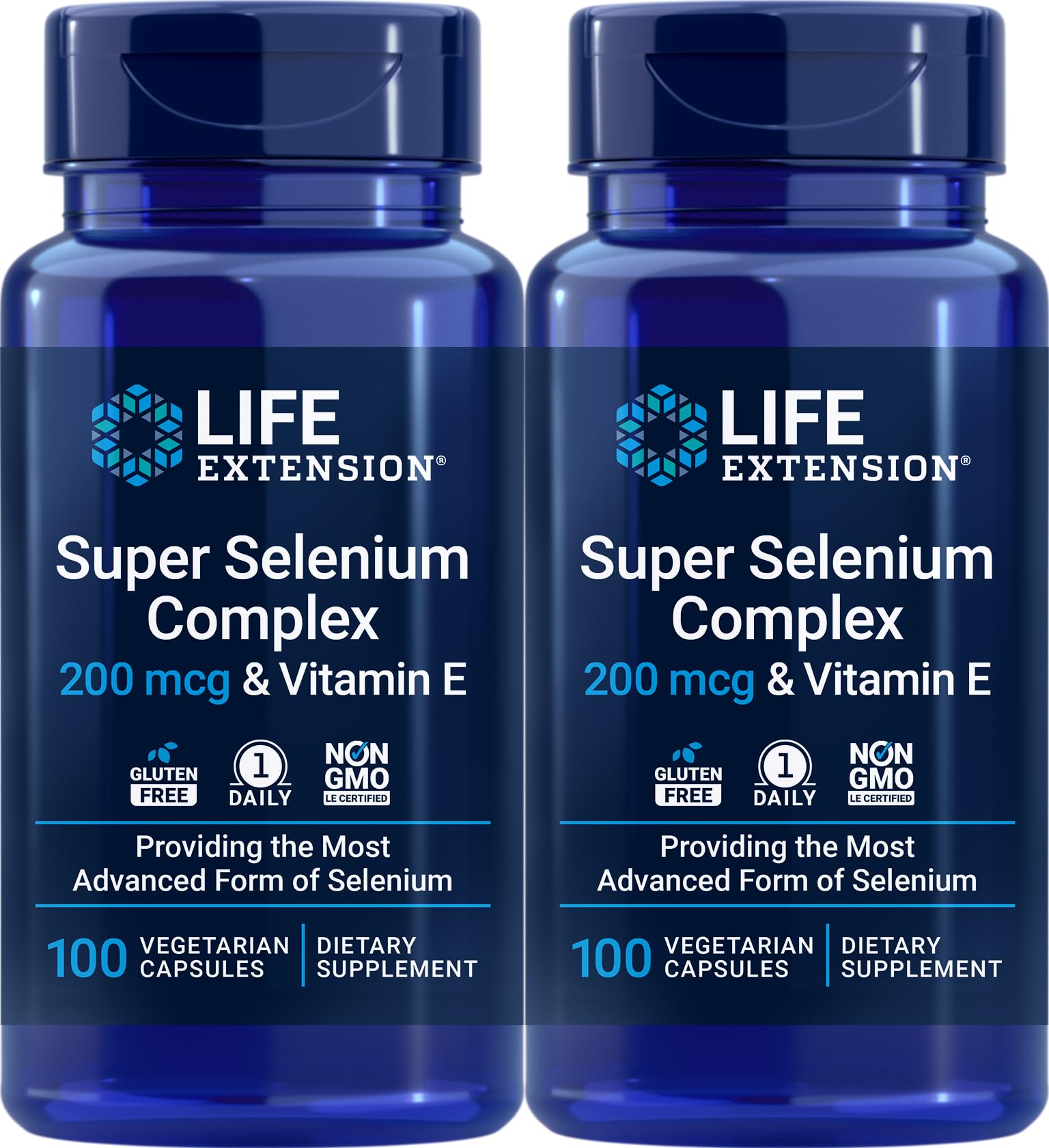 Life Extension Super Selenium Complex 200 mcg & Vitamin E bottle with 100 vegetarian capsules, Pack of 2