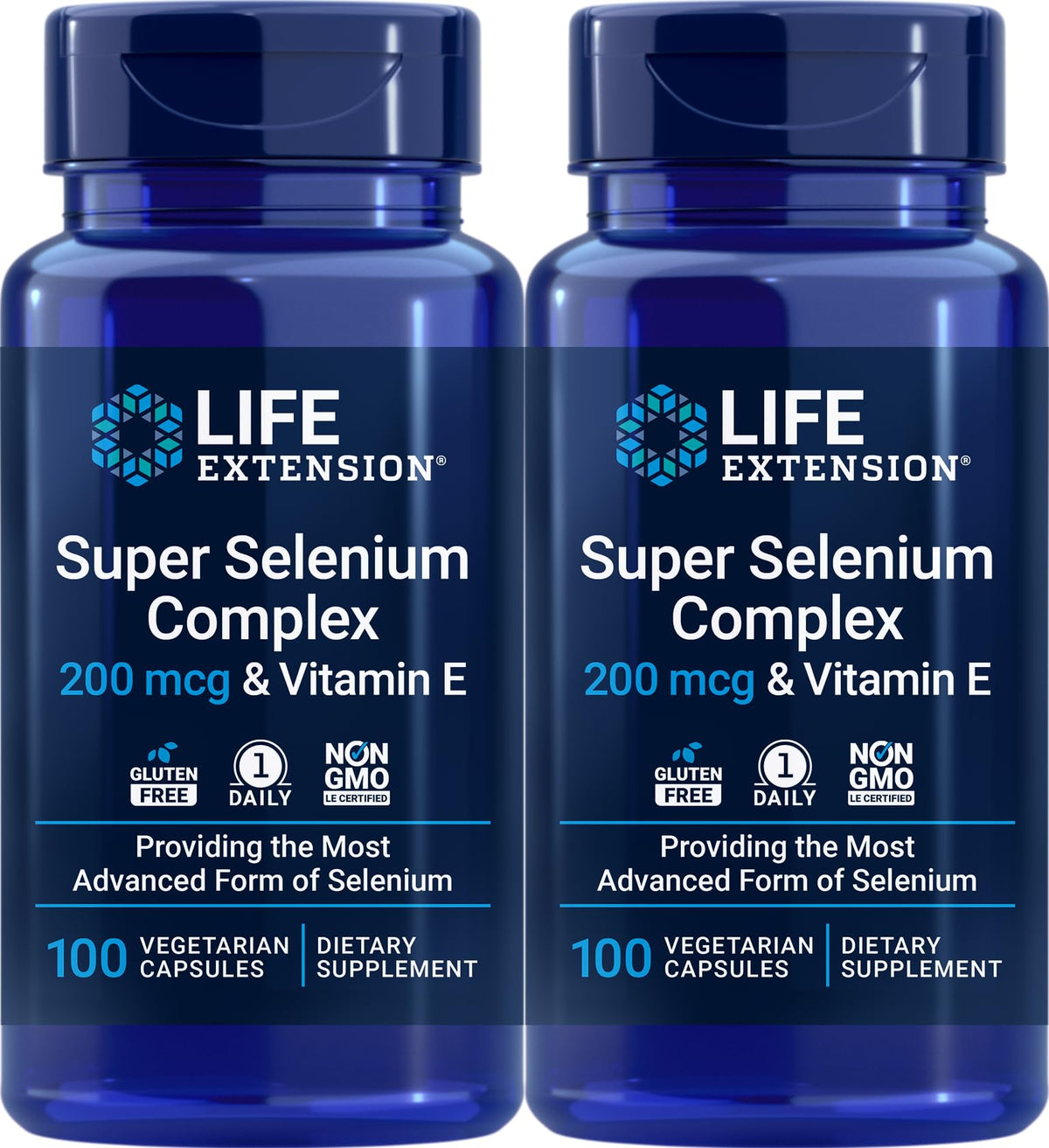Life Extension Super Selenium Complex 200 mcg & Vitamin E bottle with 100 vegetarian capsules, Pack of 2