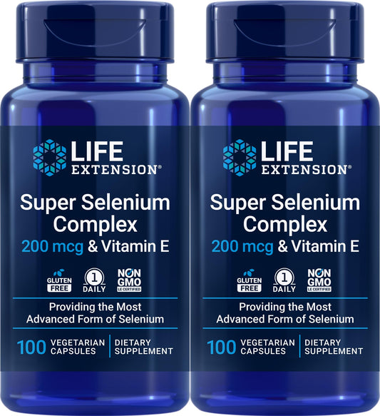 Life Extension Super Selenium Complex 200 mcg & Vitamin E bottle with 100 vegetarian capsules, Pack of 2