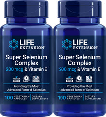 Life Extension Super Selenium Complex 200 mcg & Vitamin E bottle with 100 vegetarian capsules, Pack of 2