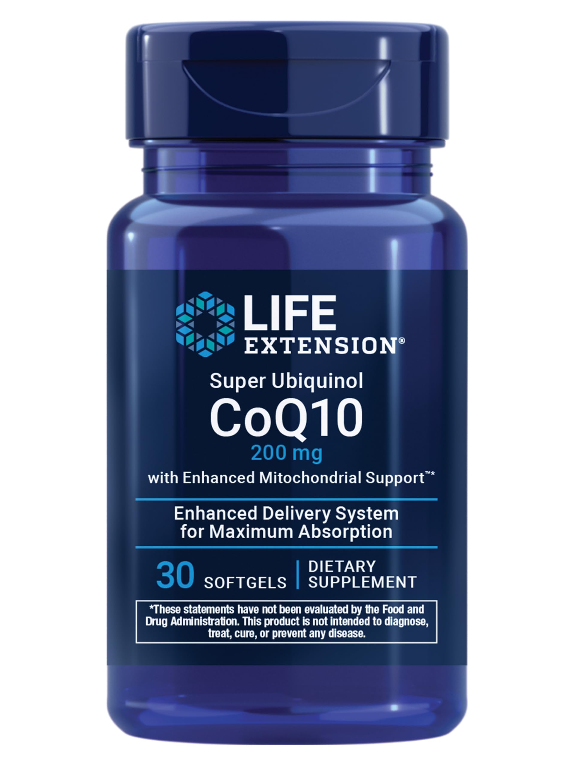 Life Extension Super Ubiquinol CoQ10 bottle front showing enhanced mitochondrial support