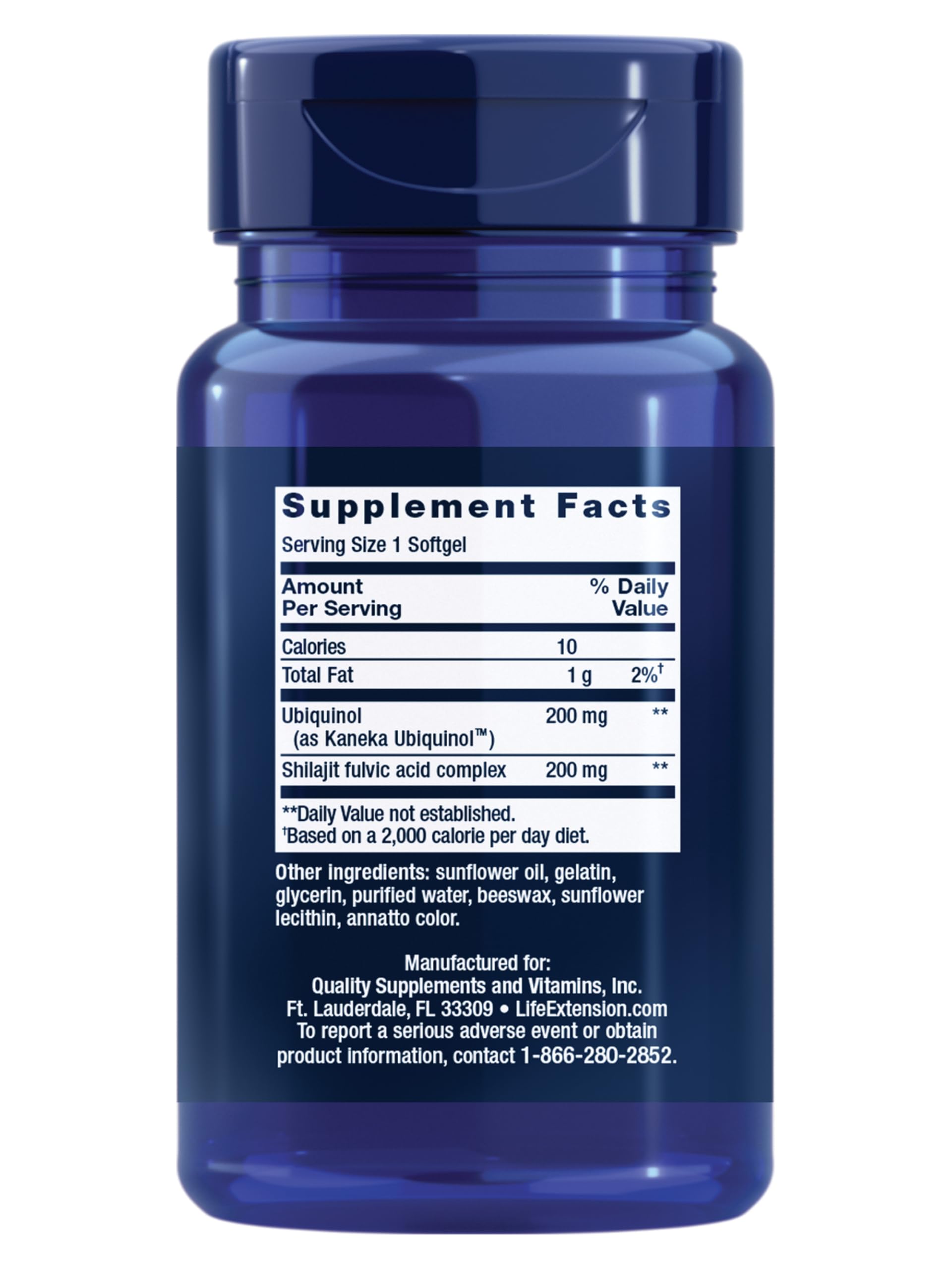 Life Extension Super Ubiquinol CoQ10 bottle label close-up highlighting purity and potency