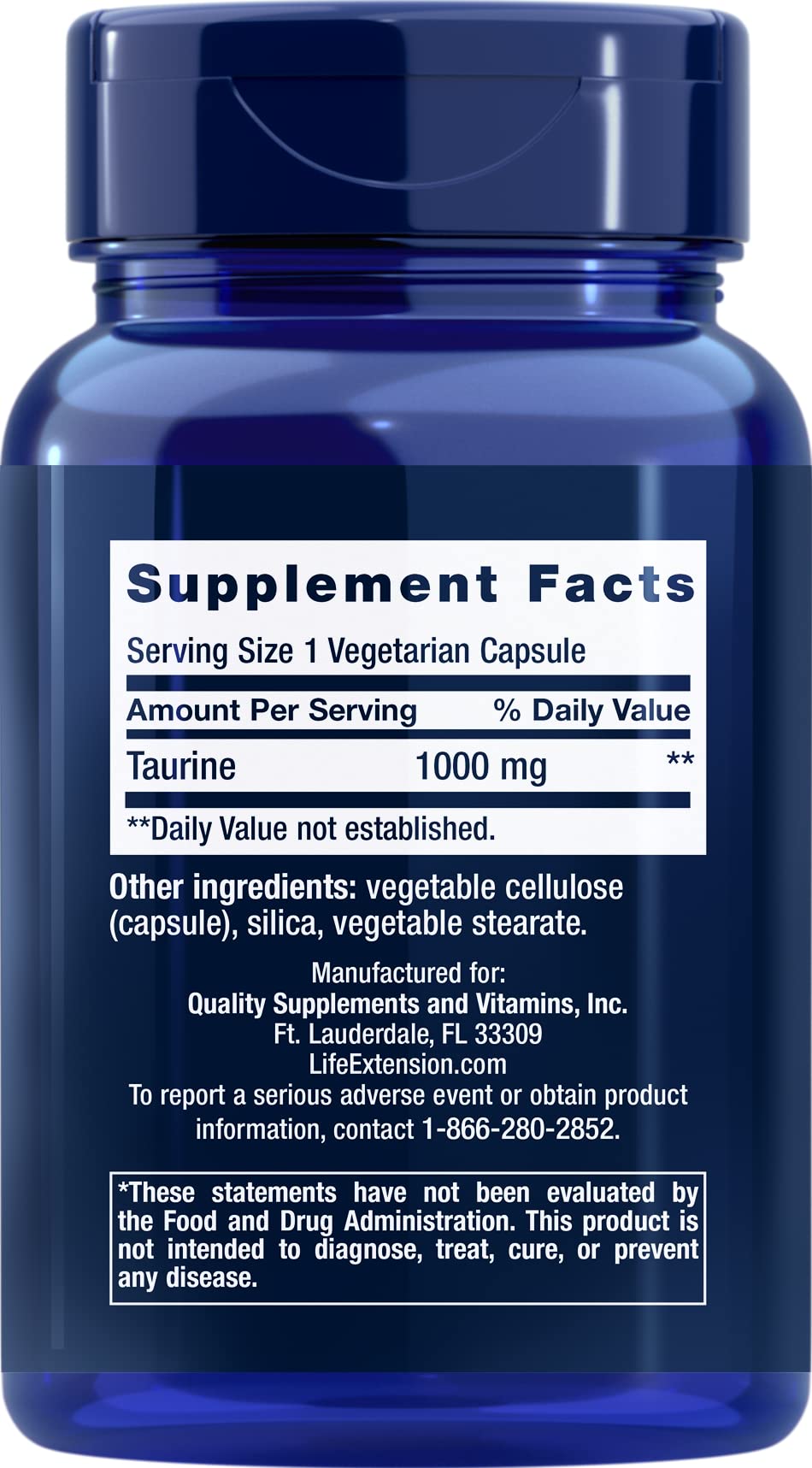 Close-up of Life Extension Taurine bottle and capsules packaging (Pack of 2)
