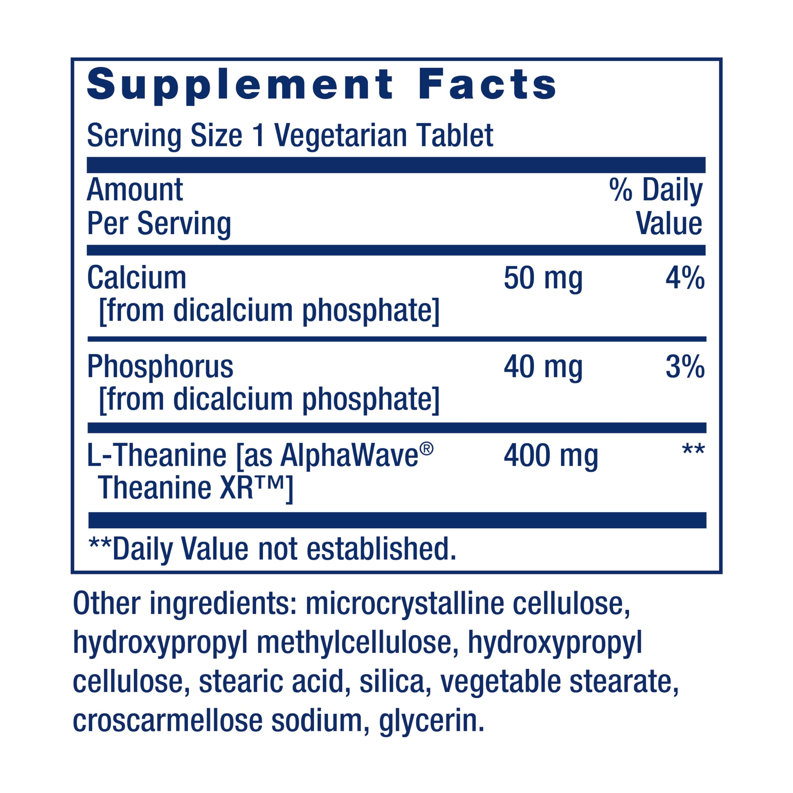 Label showing non-GMO, gluten-free, vegetarian status for Theanine XR