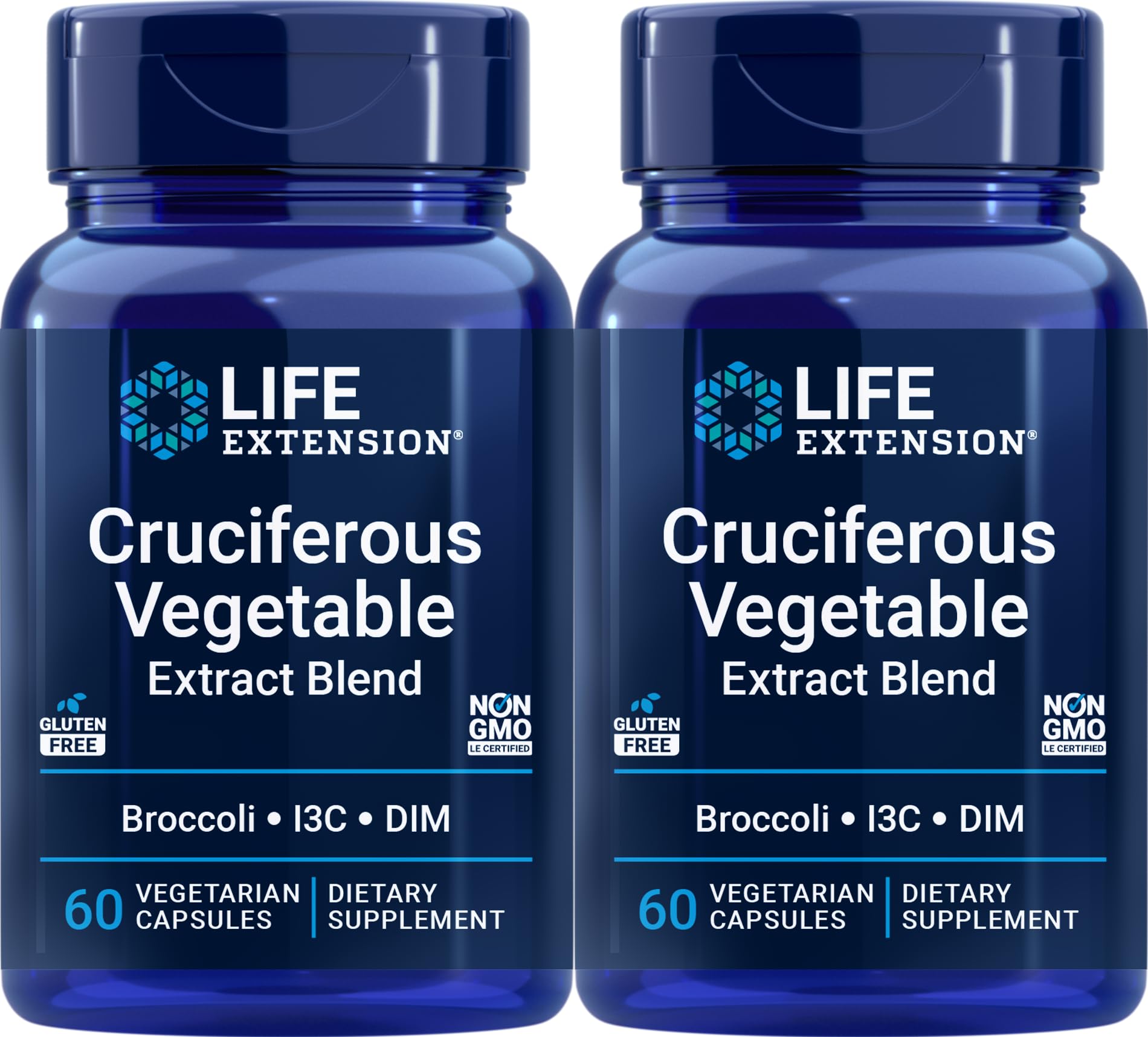 Life Extension Triple Action Cruciferous Vegetable Extract bottle with 60 vegetarian capsules, Pack of 2
