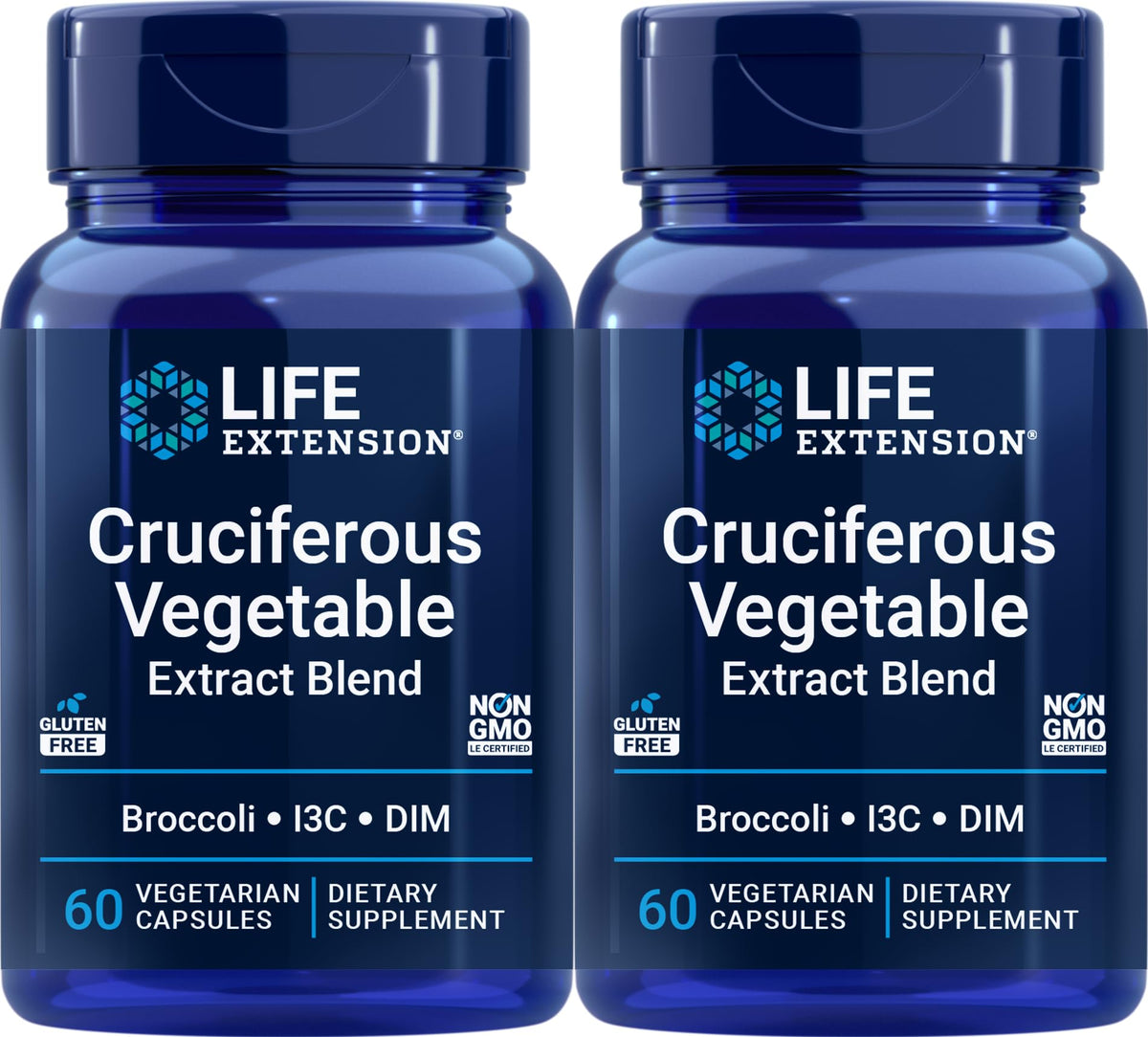 Life Extension Triple Action Cruciferous Vegetable Extract bottle with 60 vegetarian capsules, Pack of 2