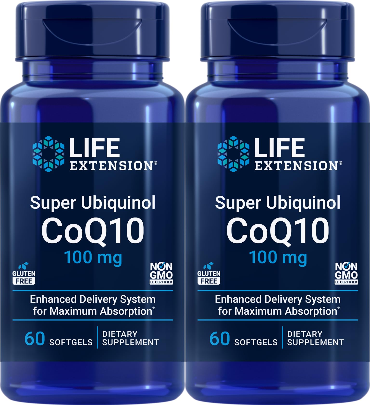 Life Extension Super Ubiquinol CoQ10 100 mg bottle with 60 softgels (Pack of 2) – front label