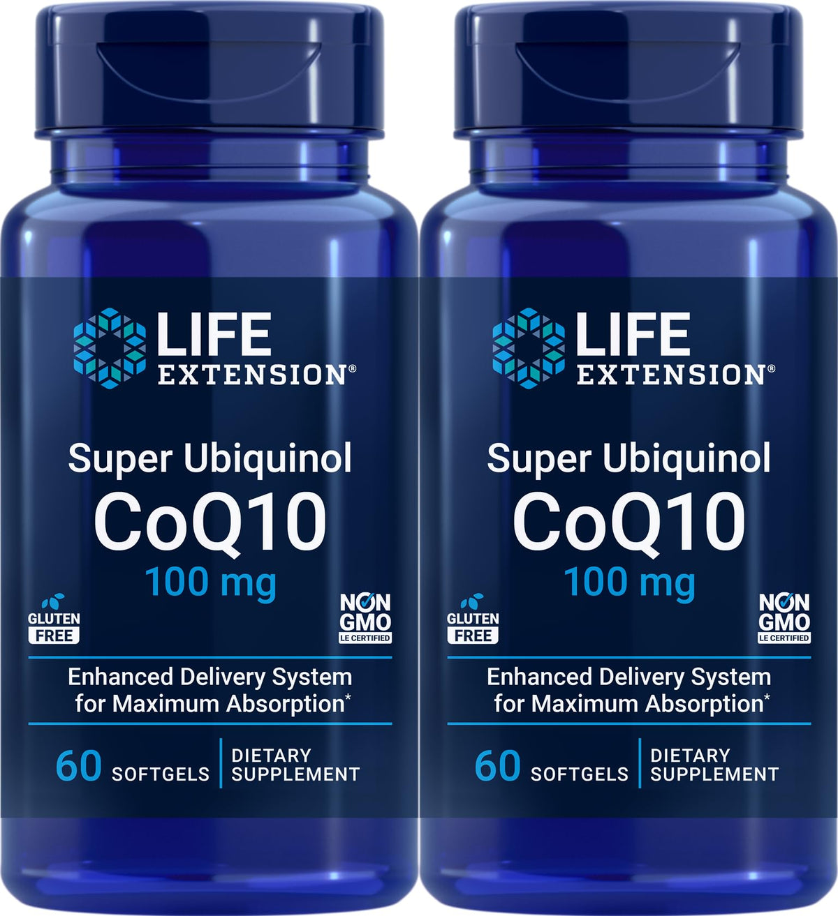 Life Extension Super Ubiquinol CoQ10 100 mg bottle with 60 softgels (Pack of 2) – front label