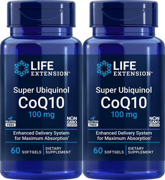 Life Extension Super Ubiquinol CoQ10 100 mg bottle with 60 softgels (Pack of 2) – front label