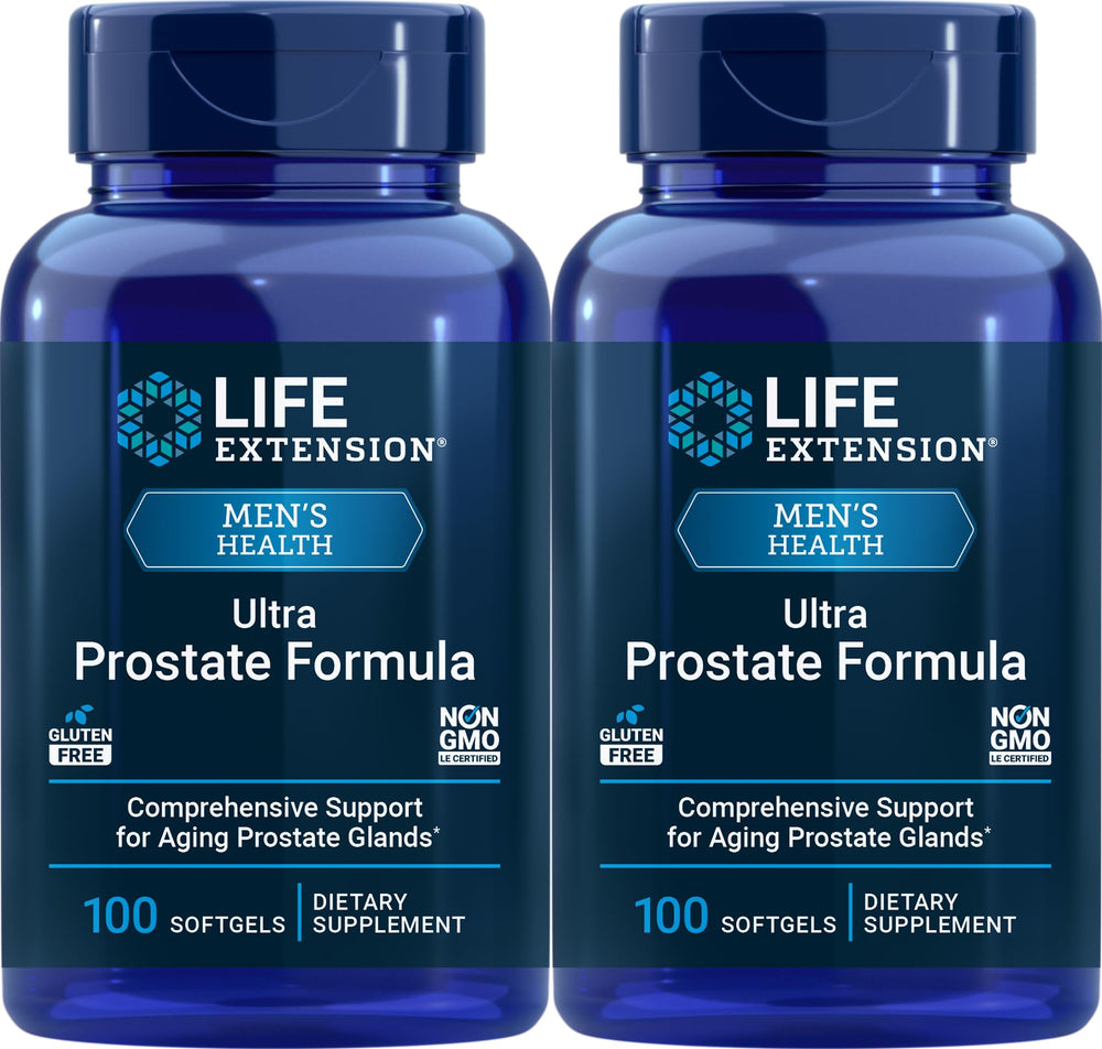 Life Extension Ultra Prostate Formula bottle with 100 softgels for daily use.