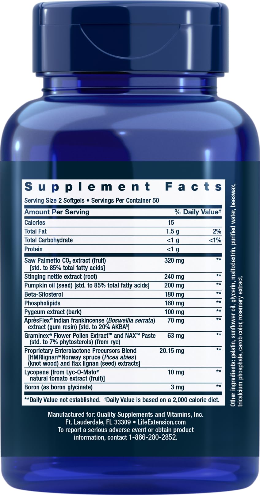 Close-up of Life Extension Ultra Prostate Formula label highlighting key ingredients for daily support.