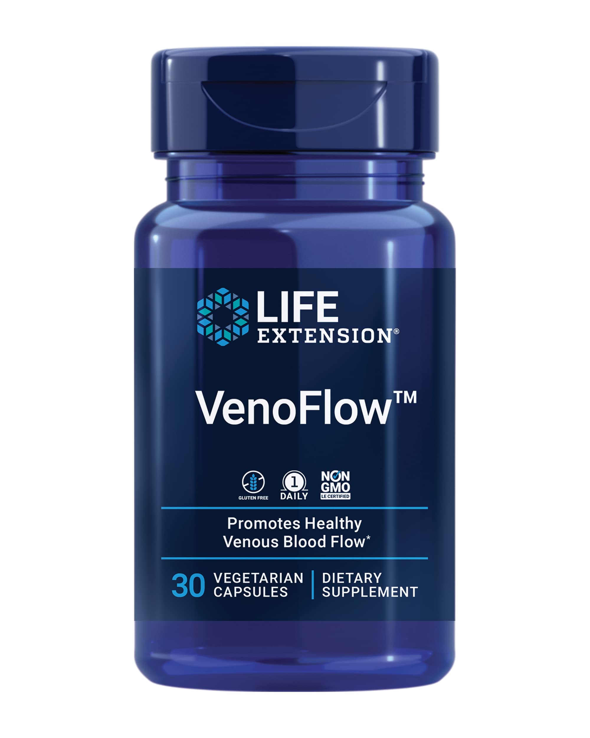 Life Extension VenoFlow bottle front showing gluten-free, non-GMO circulation support.
