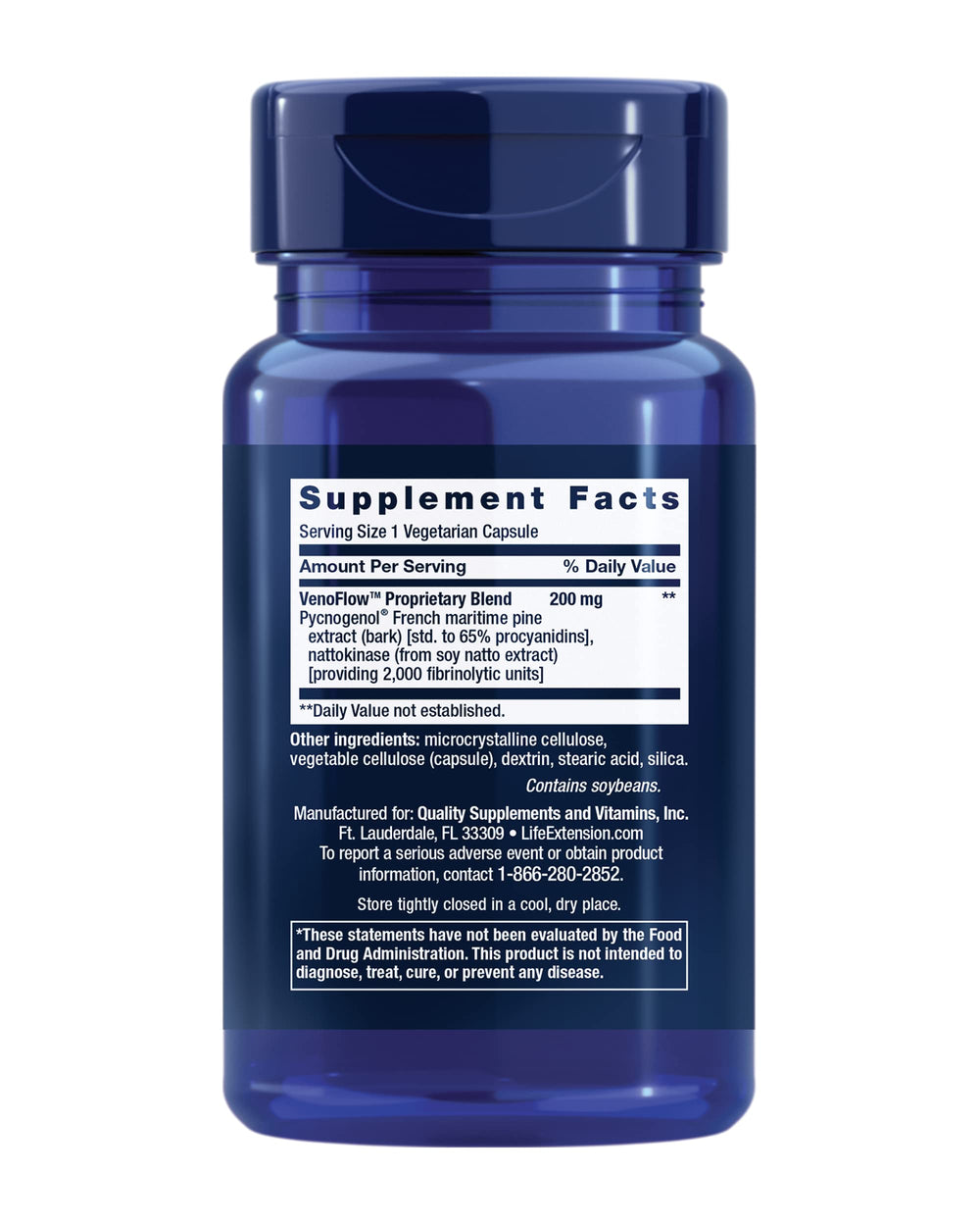 Life Extension VenoFlow bottle label showing nattokinase and Pycnogenol ingredients for healthier circulation.