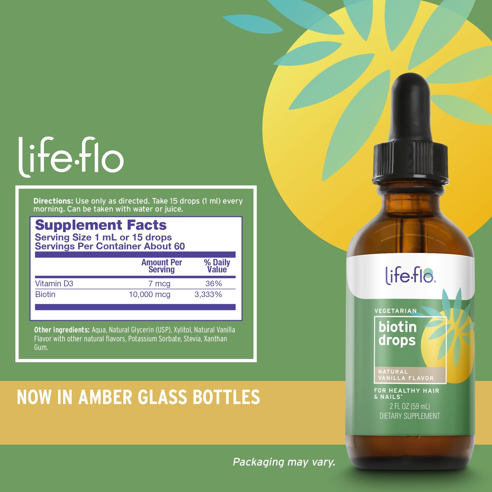 Dropper dispensing vanilla biotin liquid from the Life-Flo bottle
