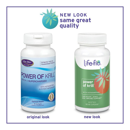Label highlighting immune, heart and joint support for LIFE-FLO Power of Krill 60 count