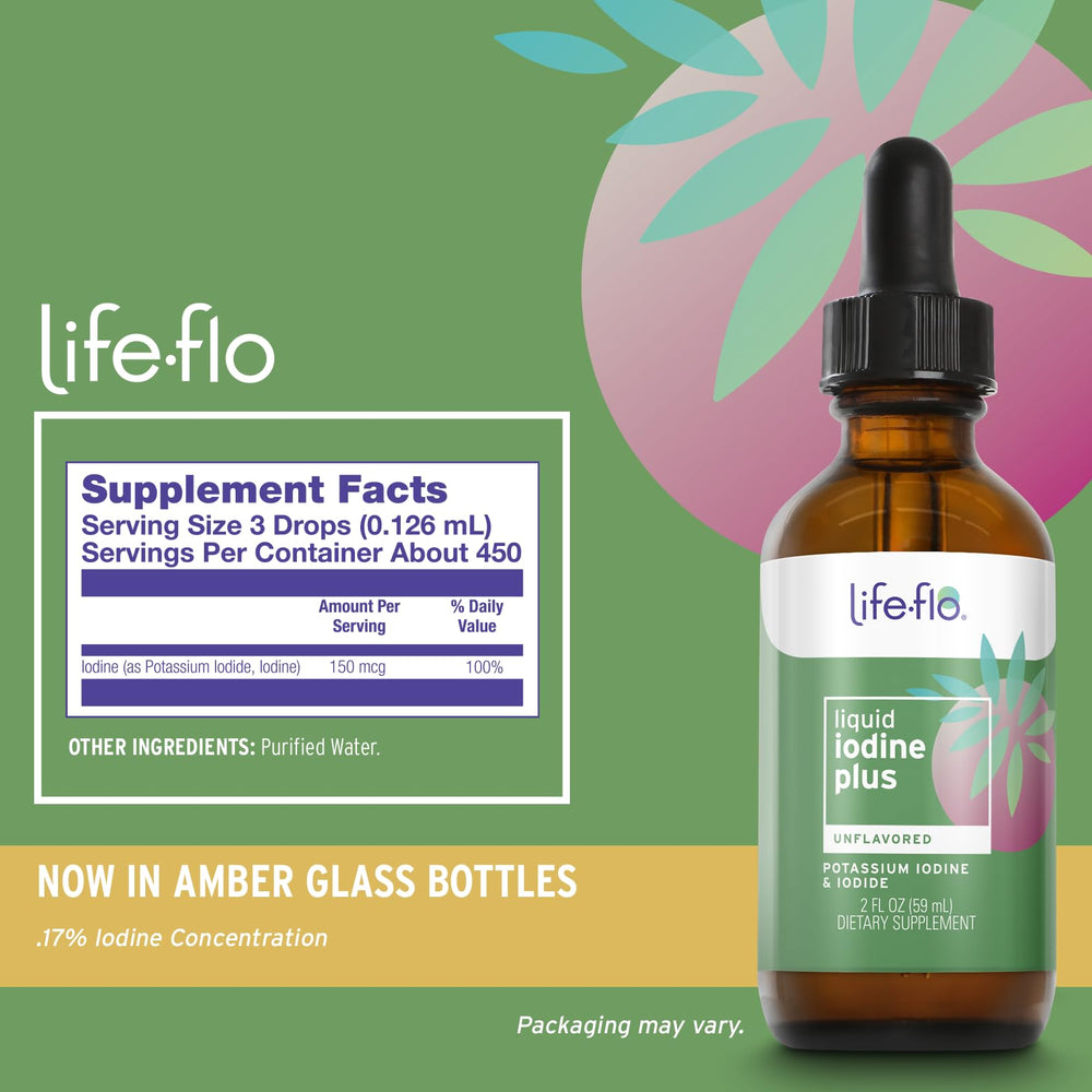 Three drops daily serving of Life-flo Iodine Plus 150 mcg