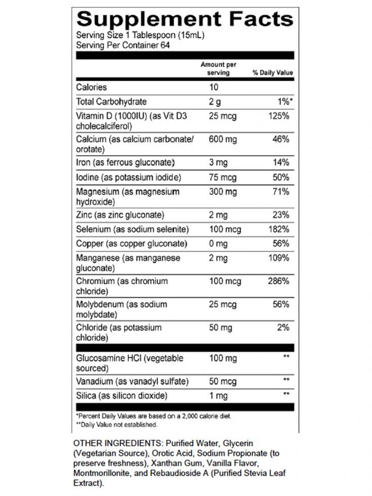 OsteoProCare Joint Juice bottle label showing 600 mg calcium and 2,000 IUs vitamin D3