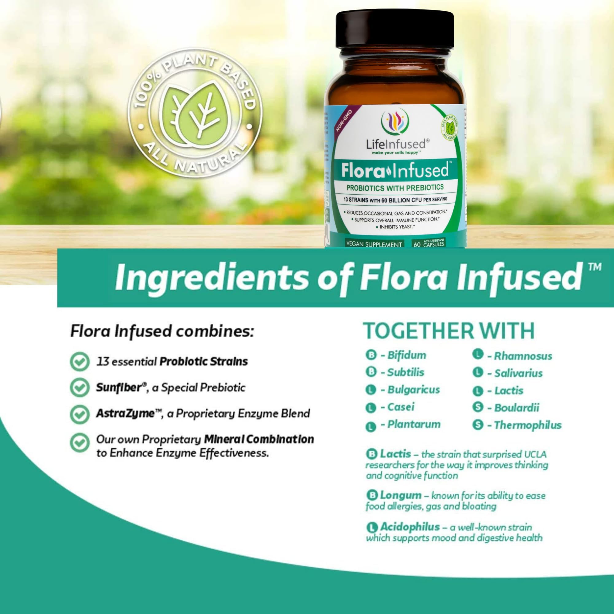 AstraZyme enzyme blend and probiotic strains infographic