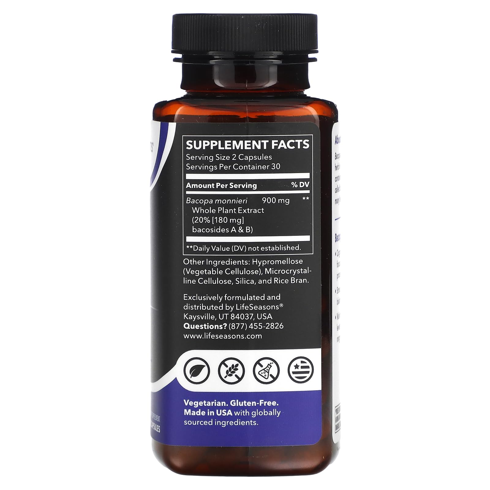 Close-up of LifeSeasons Essentials Bacopa Extract supplement bottle showing 900mg per serving