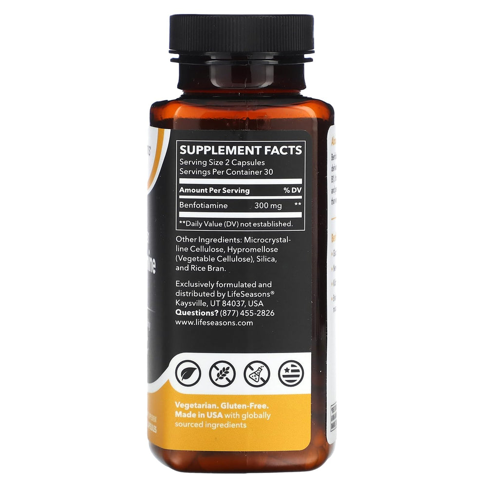 Close-up of LifeSeasons Benfotiamine supplement capsules