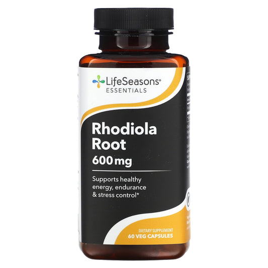 LifeSeasons Essentials Rhodiola Root bottle with capsules showing 600 mg per 2 capsules