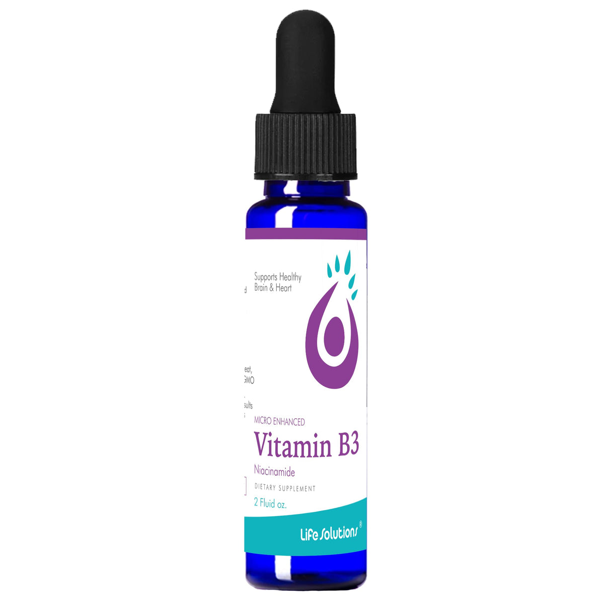 Front label of Life Solutions Vitamin B3 Niacinamide 2oz dropper bottle