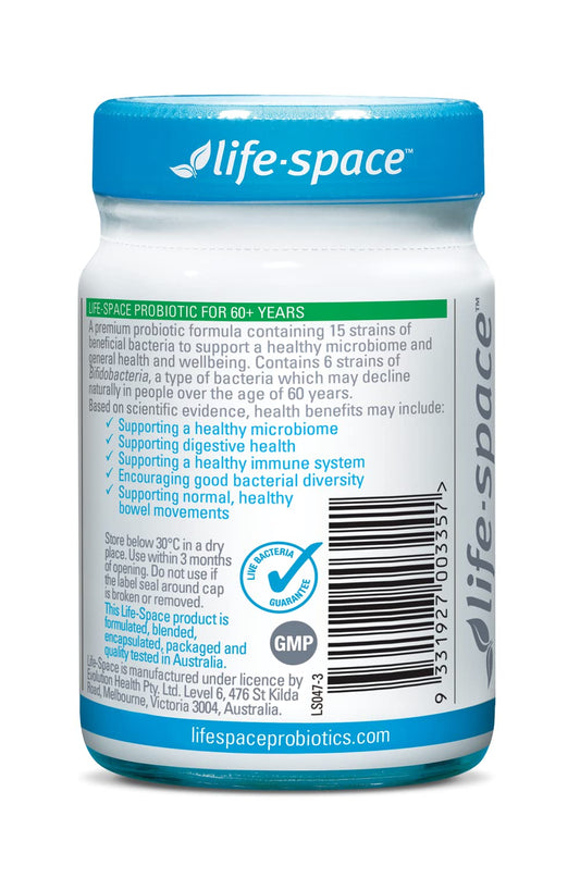 Close-up of Life Space Probiotic for 60+ Years label