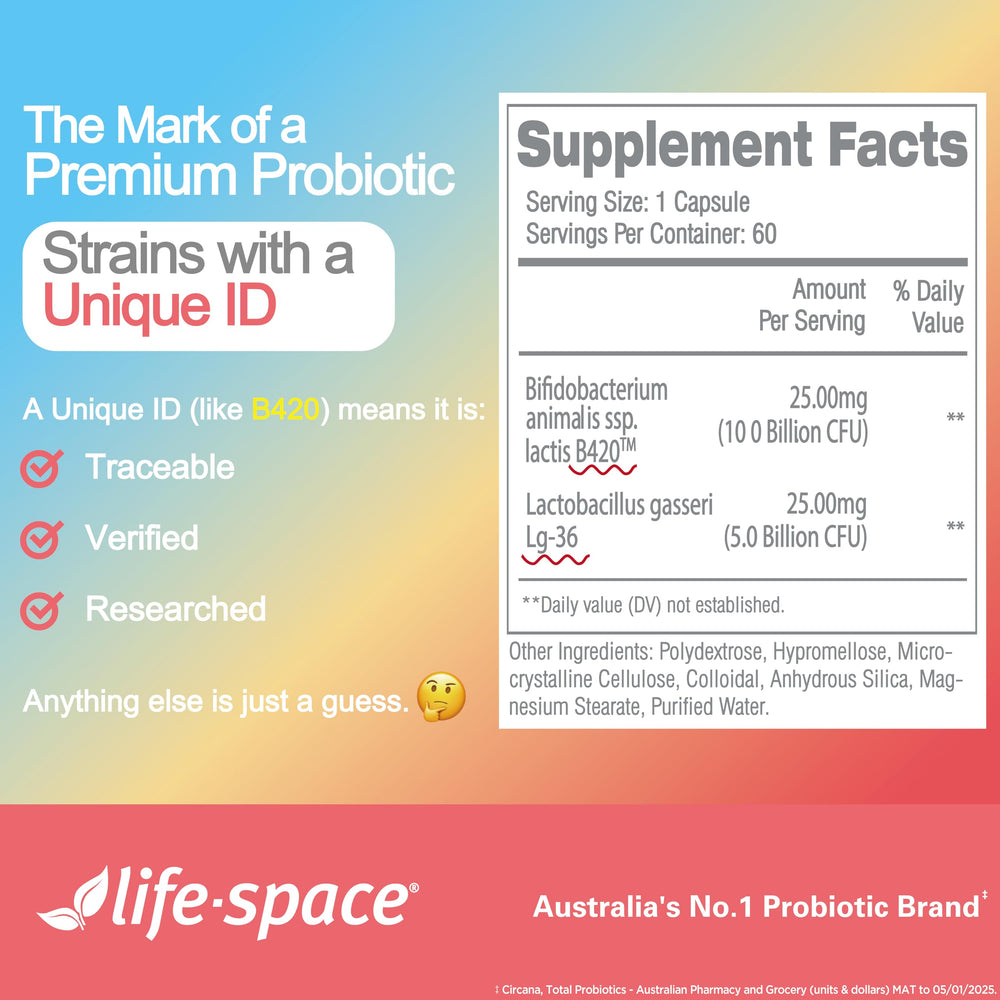 Life-Space Shape B420 Probiotics glass of water with capsules.