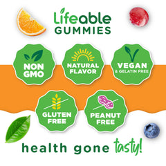 Assorted Lifeable B Complex gummies in a clear bowl