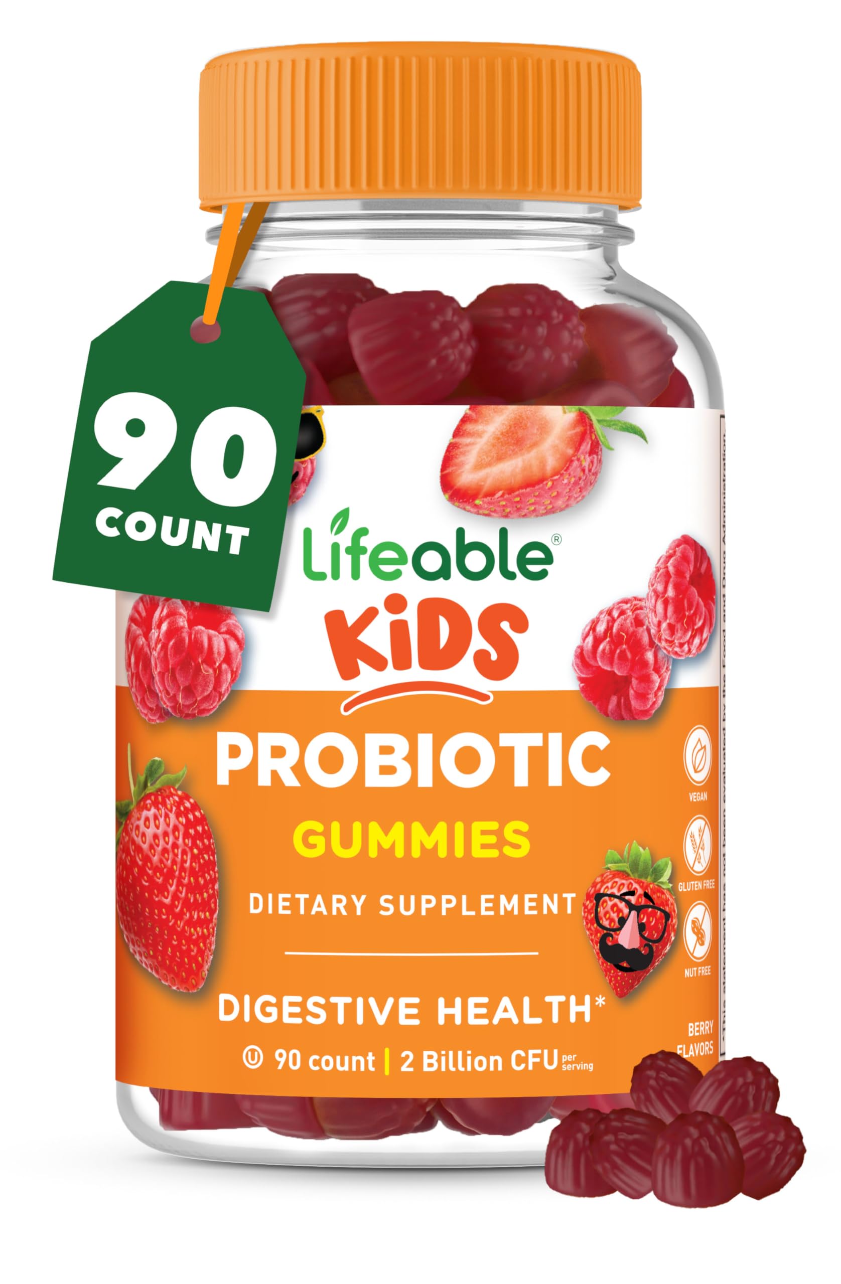 Front view of Lifeable Kids Probiotics Gummies bottle (90-count) raspberry flavor