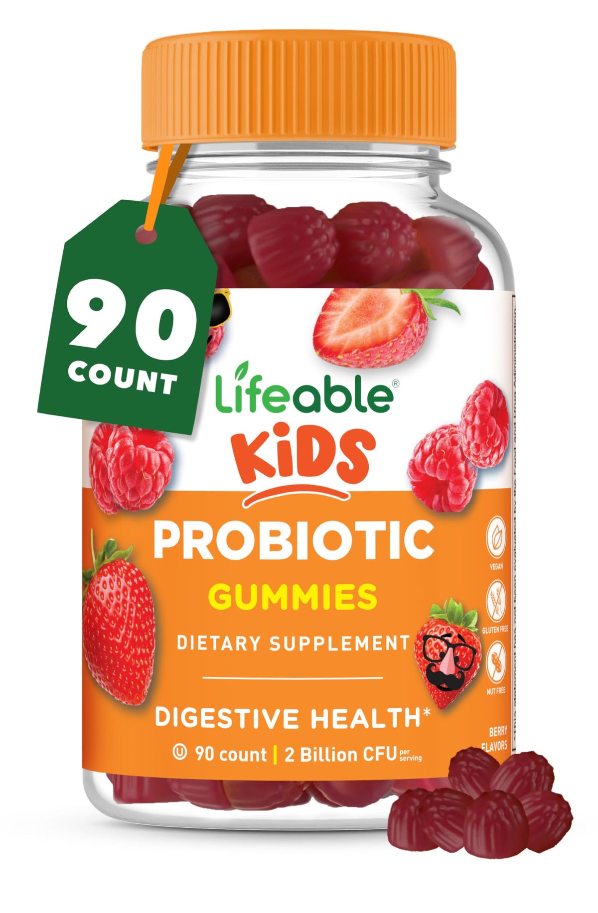 Front view of Lifeable Kids Probiotics Gummies bottle (90-count) raspberry flavor